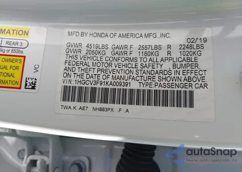 2019 Honda Accord Hybrid Touring from USA, damaged, VIN 1HGCV3F91KA009391